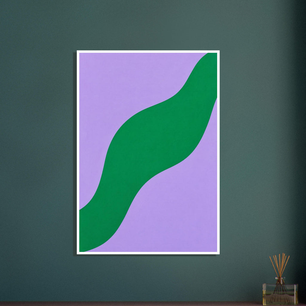Broad green wave curving diagonally from bottom left to top right across a lilac background with subtle texture.