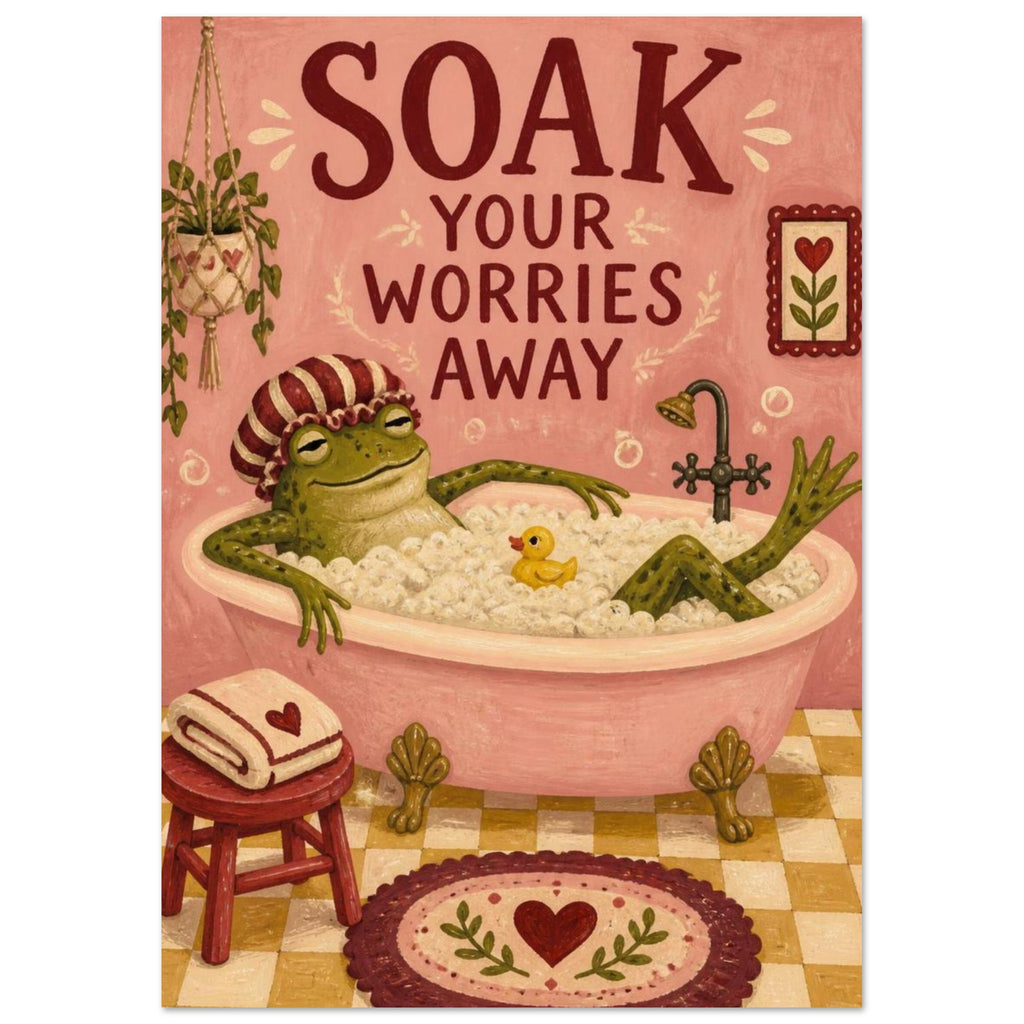 Frog in a shower cap relaxing in a pink bubble bath beneath ‘Soak Your Worries Away’ lettering, with a yellow bath duck.