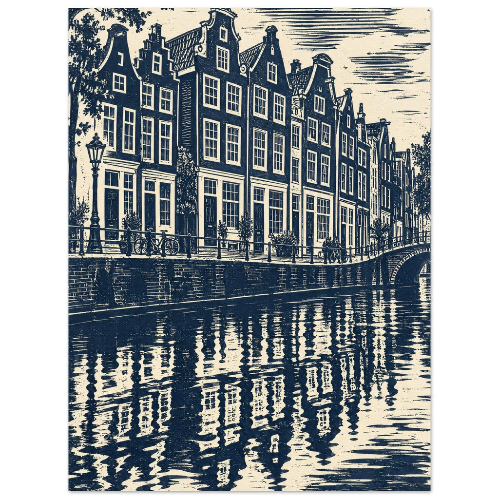 Gabled canal houses in navy and cream, with a street lamp, bicycles, an arched bridge and rippling reflections.