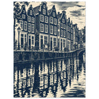 Gabled canal houses in navy and cream, with a street lamp, bicycles, an arched bridge and rippling reflections.