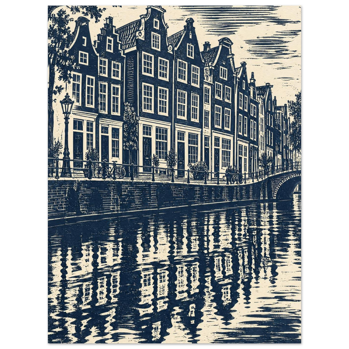 Gabled canal houses in navy and cream, with a street lamp, bicycles, an arched bridge and rippling reflections.