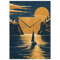 Sailboat on golden water between dark cliffs, with a giant envelope, large sun and small hillside buildings.