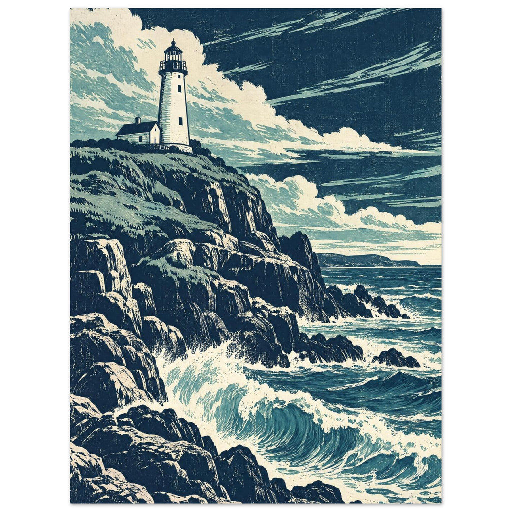Lighthouse on rugged cliffs above breaking blue waves, beneath sweeping cream clouds in a textured navy sky.