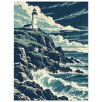 Lighthouse on rugged cliffs above breaking blue waves, beneath sweeping cream clouds in a textured navy sky.