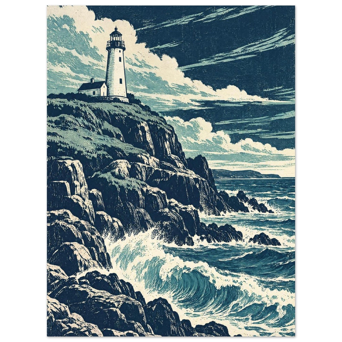 Lighthouse on rugged cliffs above breaking blue waves, beneath sweeping cream clouds in a textured navy sky.