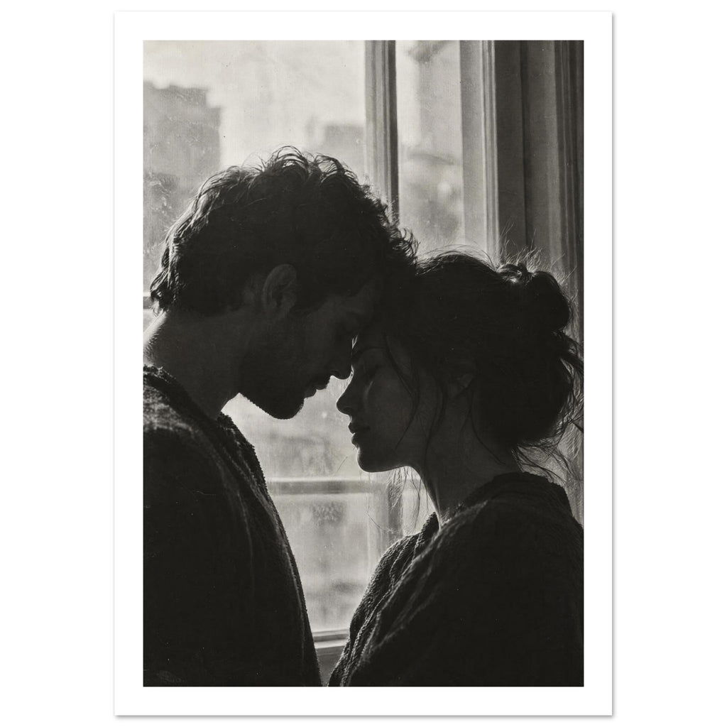 Black and white photograph of a couple touching foreheads beside a window, their profiles softly outlined by daylight.