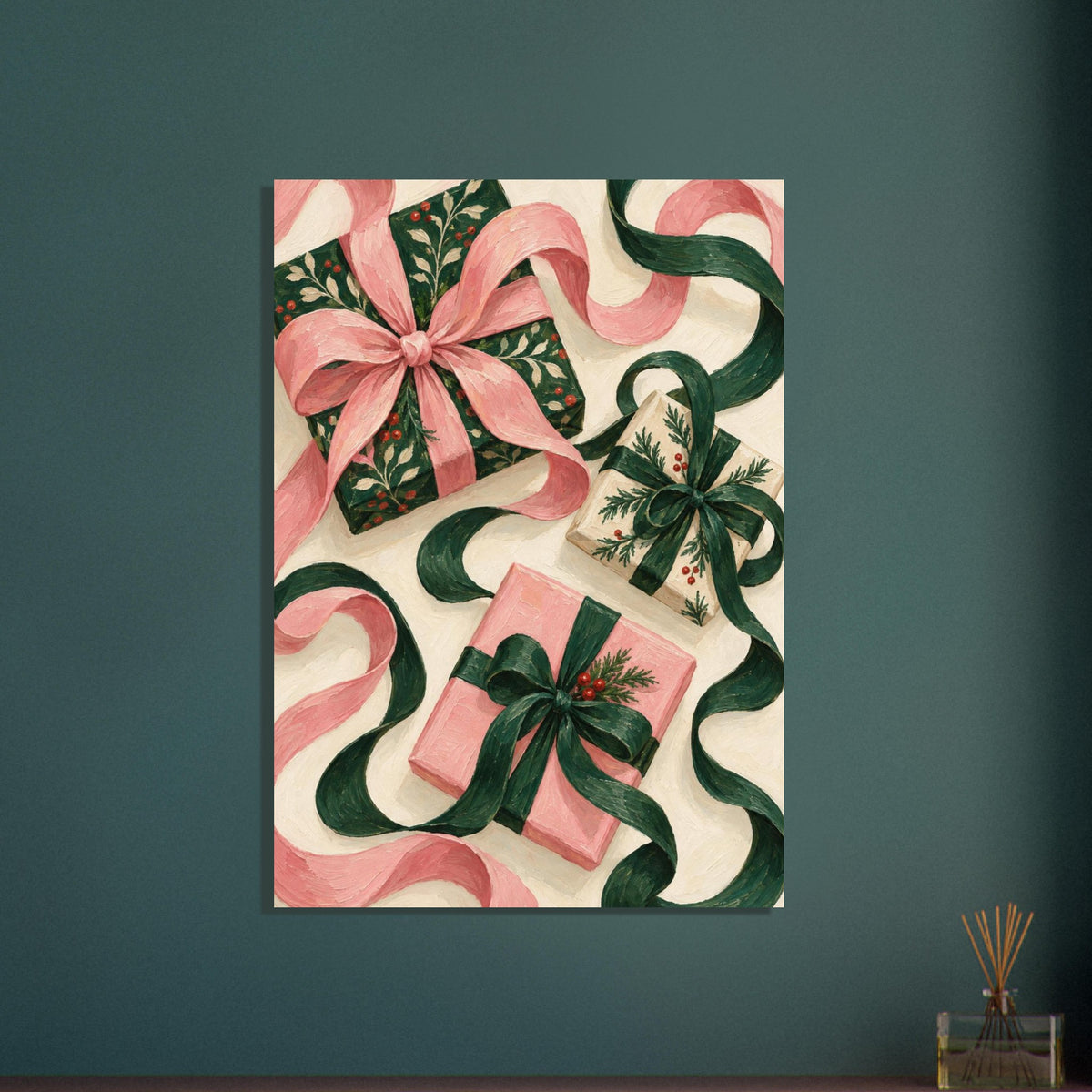 The Ribbon Dance shows three wrapped Christmas presents with oversized curling ribbons in forest green, shell pink and ivory.