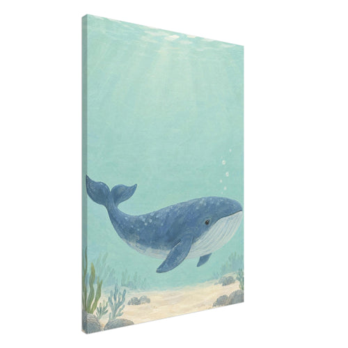 Blue whale swimming through pale aqua water above a sandy seabed with rocks and sea plants, beneath sunlit ripples.