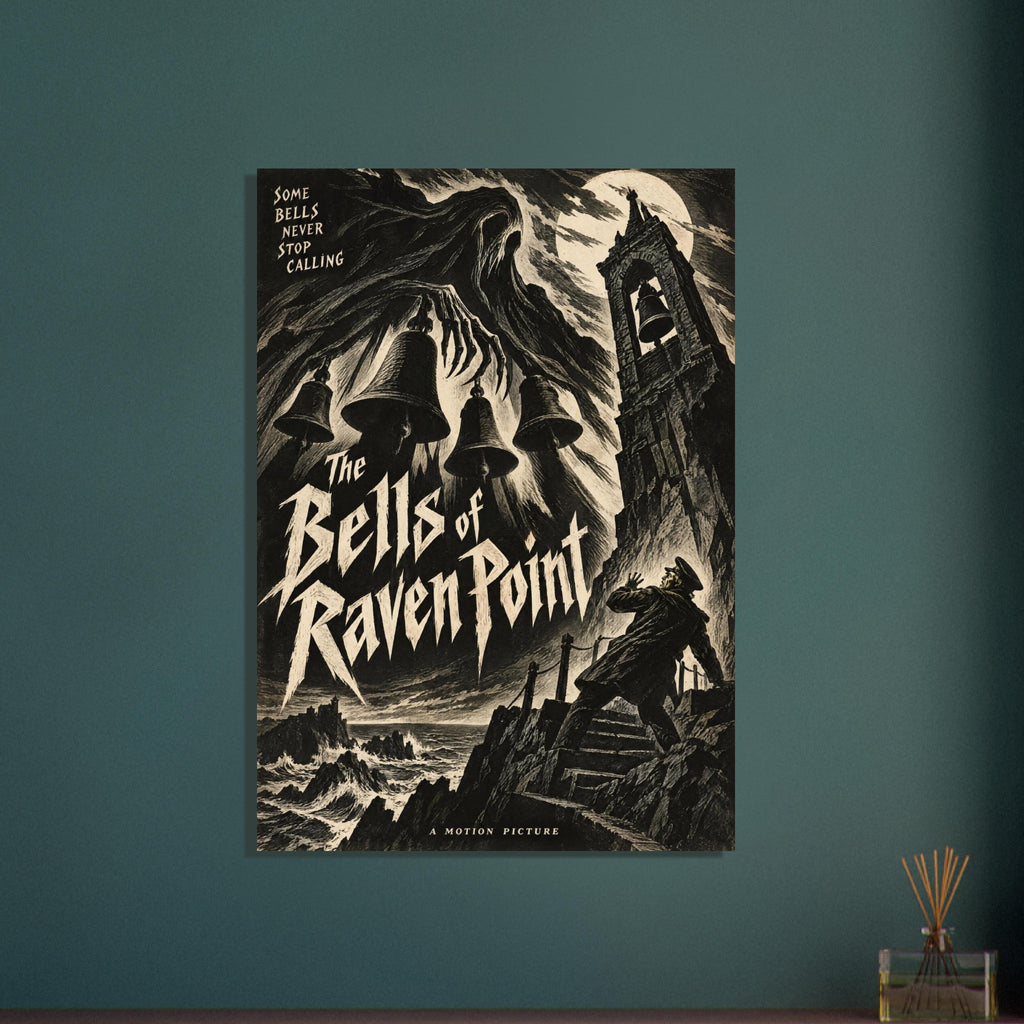 Hooded apparition above hanging bells, a moonlit tower and a man on coastal steps, with The Bells of Raven Point lettering.