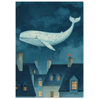 Pale whale floating above blue rooftops with glowing windows and a tiny figure holding a red umbrella on a chimney.
