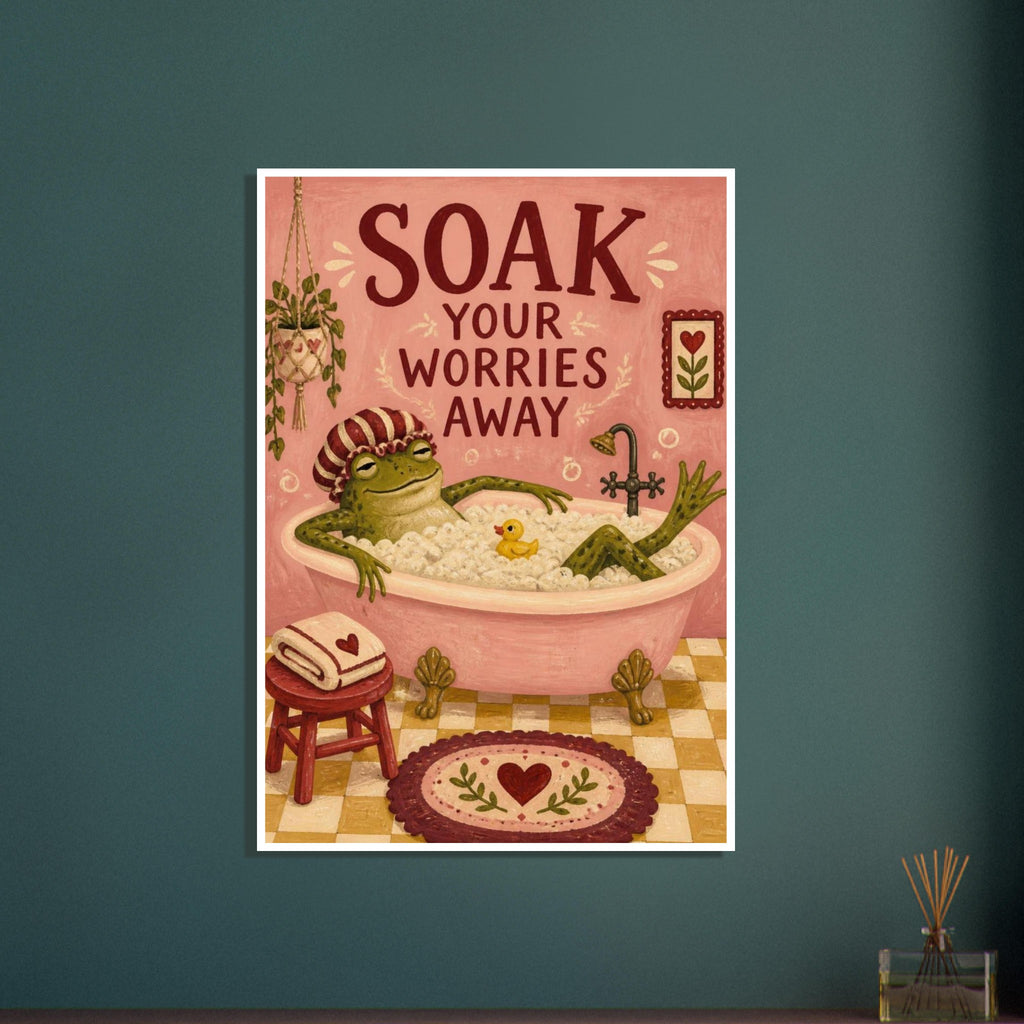 Frog in a shower cap relaxing in a pink bubble bath beneath ‘Soak Your Worries Away’ lettering, with a yellow bath duck.