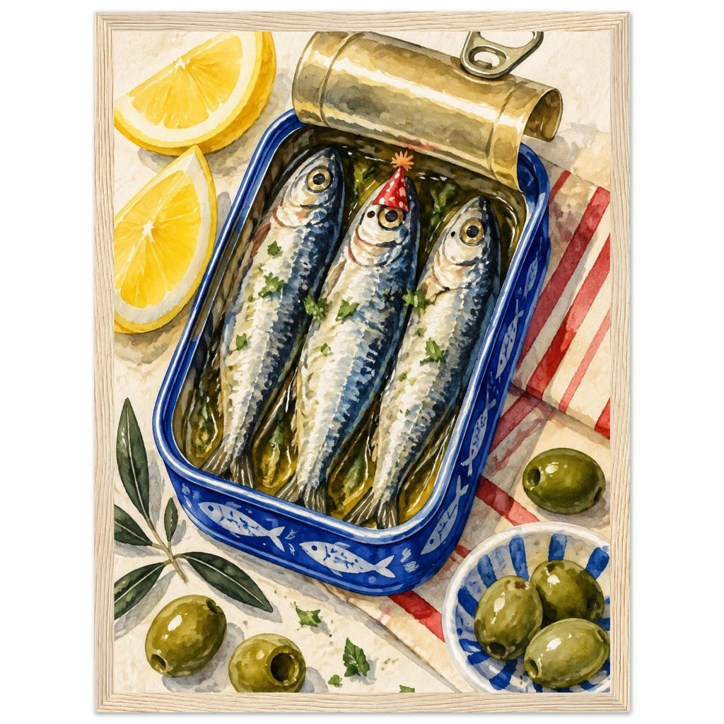 Three sardines in an open blue tin, one wearing a red party hat, surrounded by lemon wedges, olives and striped cloth.