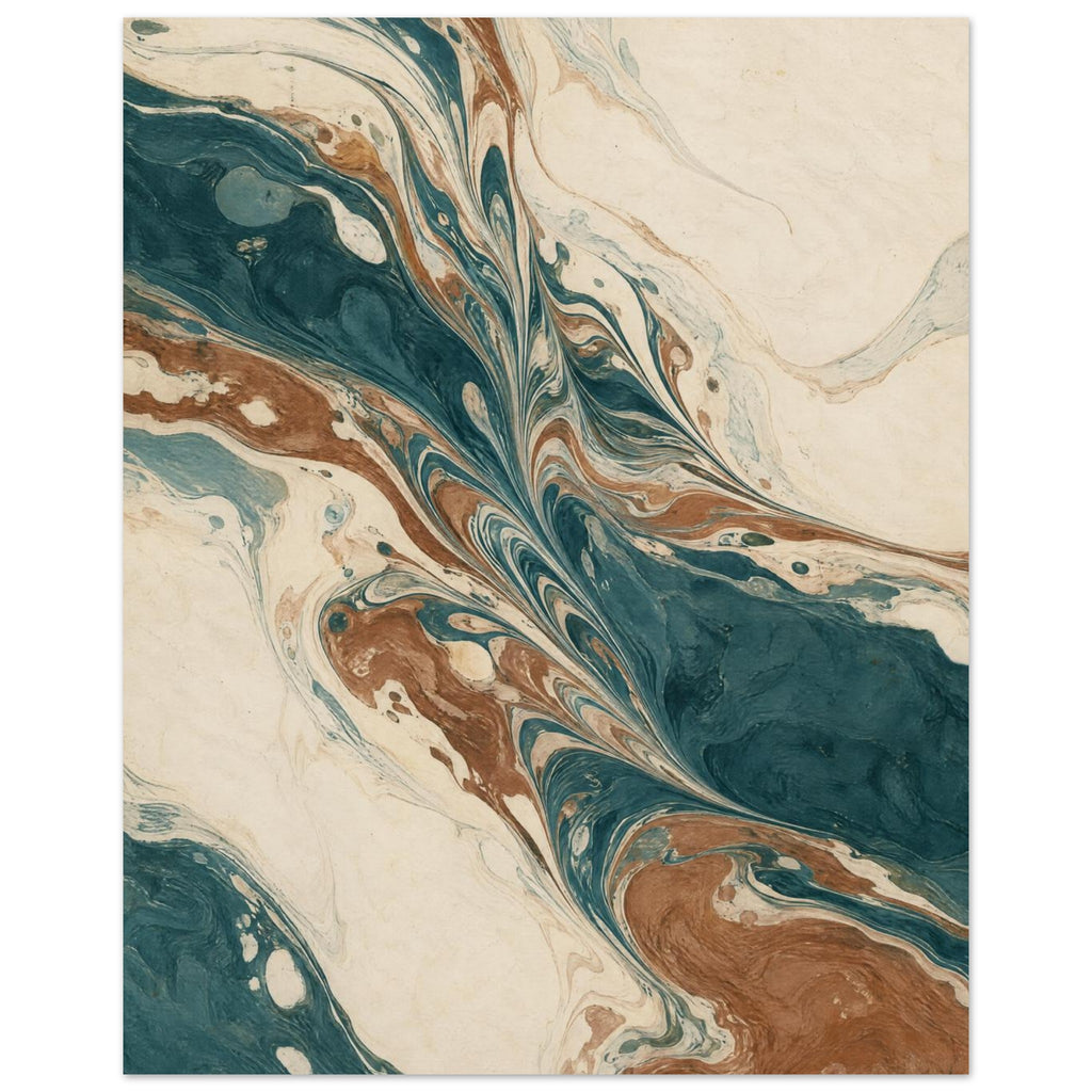 Teal, cream and brown marbled swirls with fine feathered lines flowing diagonally across a vertical composition.