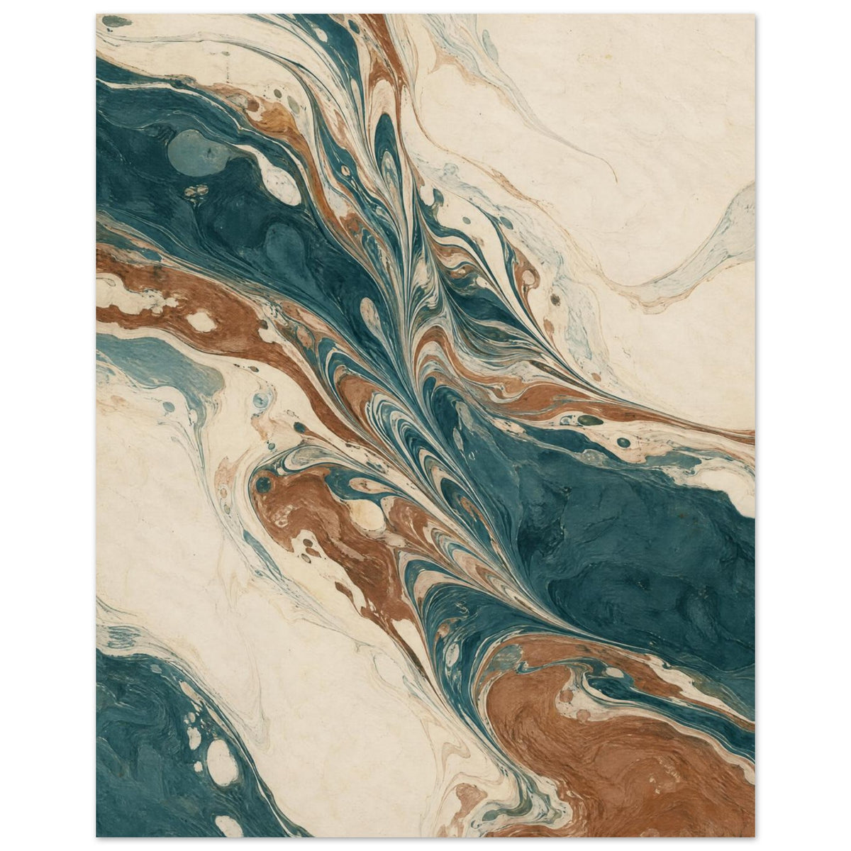 Teal, cream and brown marbled swirls with fine feathered lines flowing diagonally across a vertical composition.