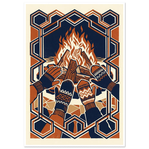 Four gloved and mittened hands held towards a bonfire, in navy, rust and cream with an interlocking geometric border.