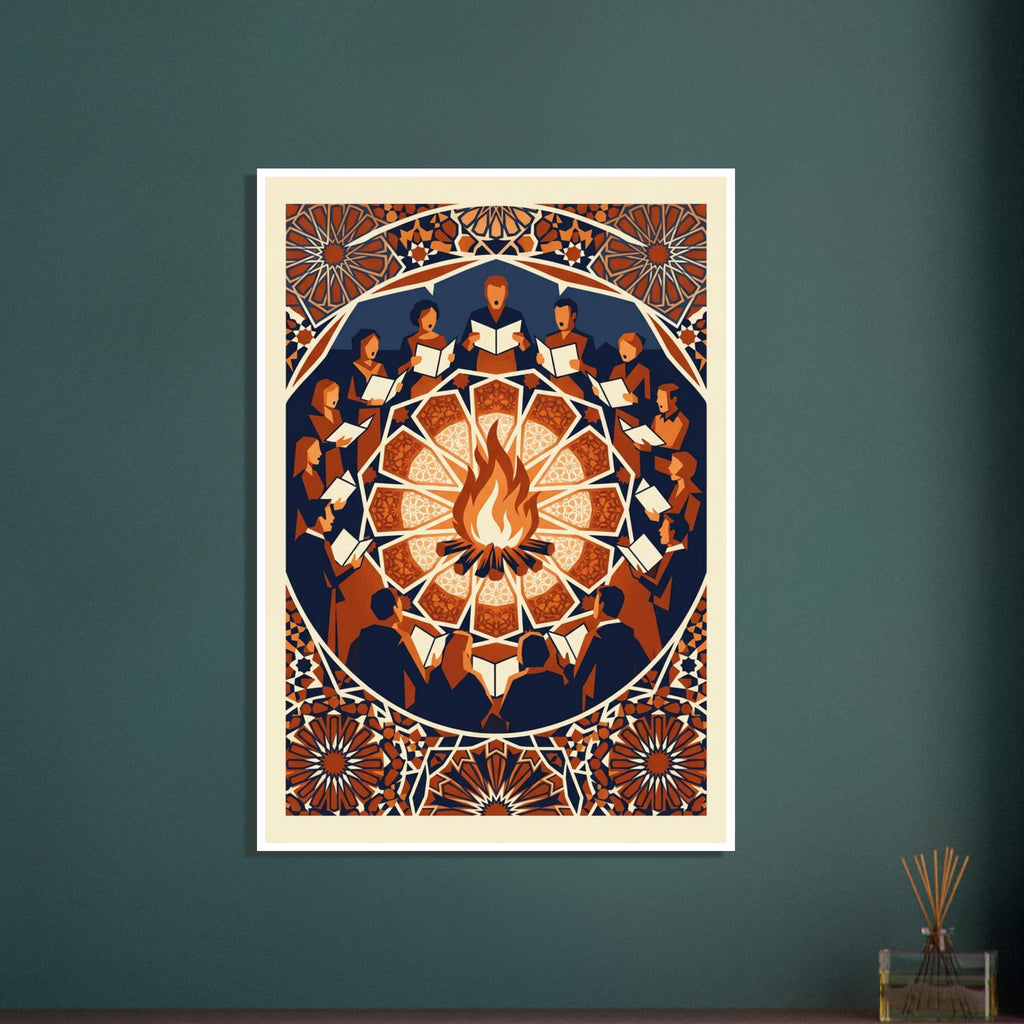 Singers holding open songbooks circle a bonfire, surrounded by ornate geometric patterns in navy, orange and cream.