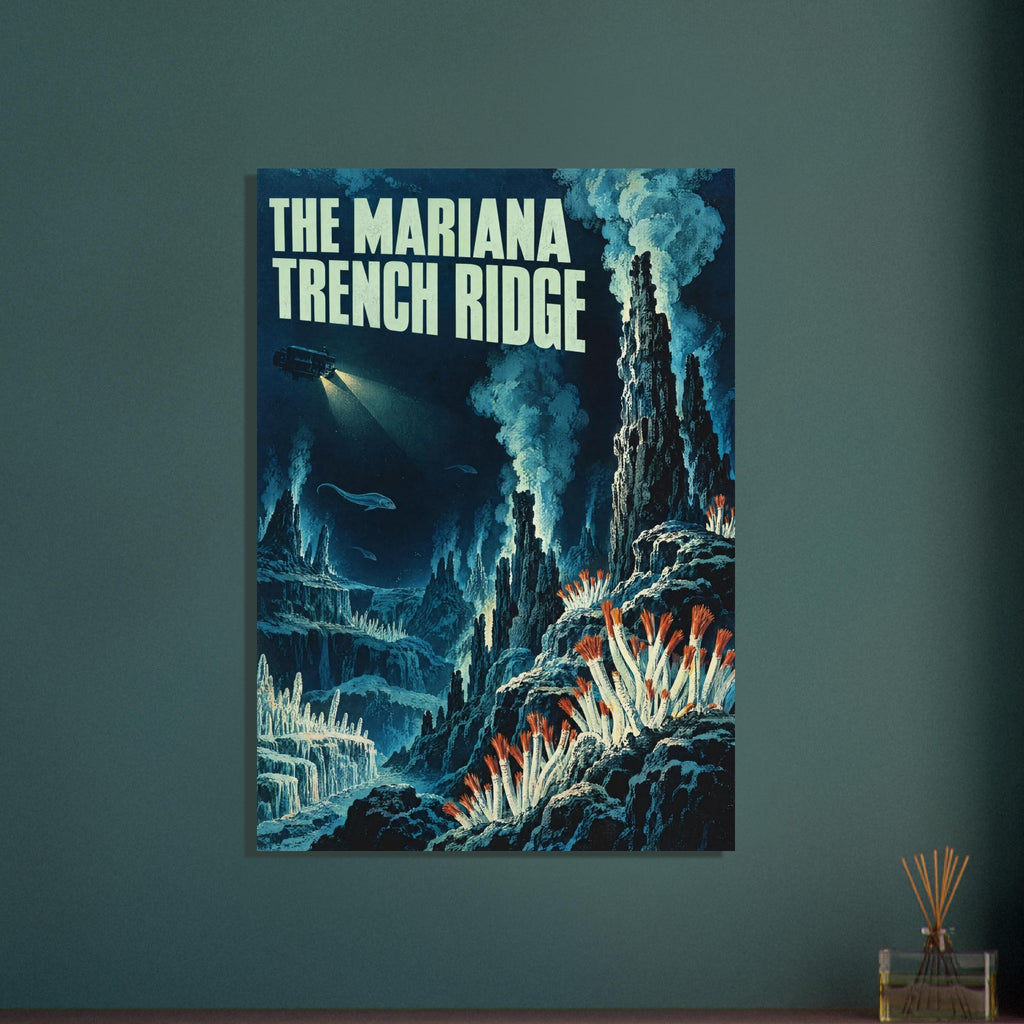 Mariana Trench lettering above an illustrated blue seabed with vent plumes, a submersible and orange-tipped tube worms.