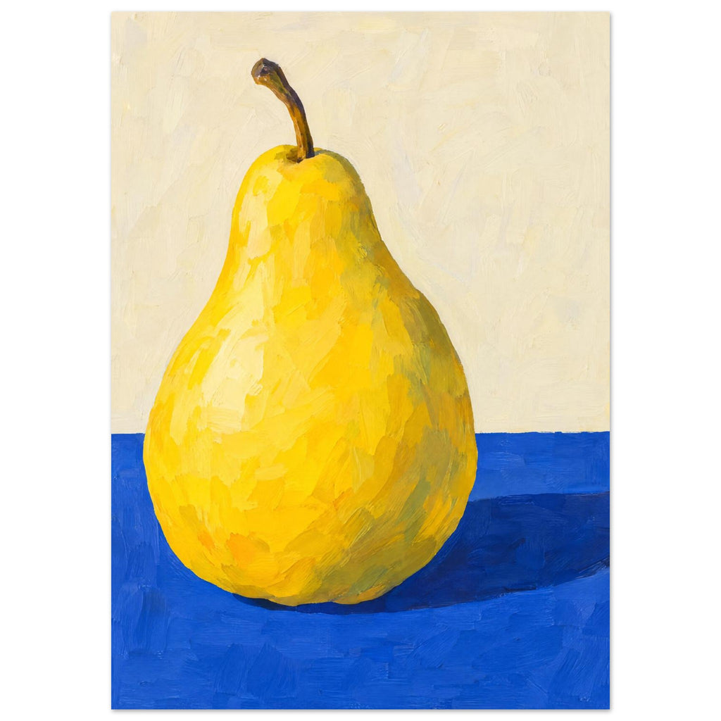 Yellow pear with a curved brown stem on a cobalt-blue tabletop, casting a dark shadow against a cream background.