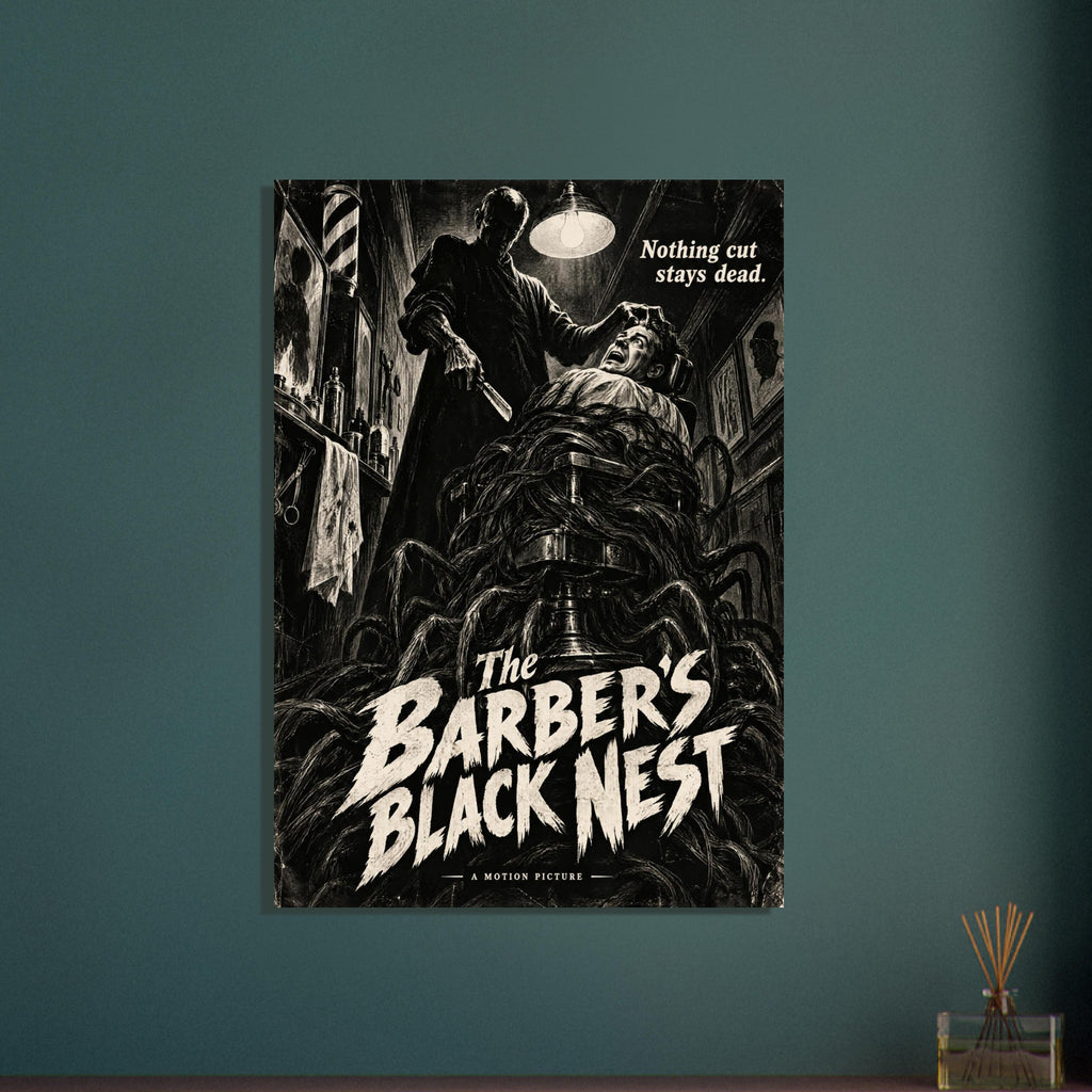 Sinister barber holding a razor over a terrified customer tangled in tendrils, with cream horror-film lettering.