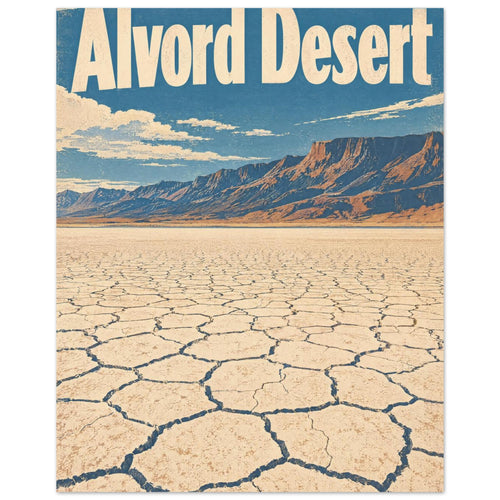 Alvord Desert poster with cream lettering, blue sky, rugged mountains and a cracked desert floor in a distressed retro style.