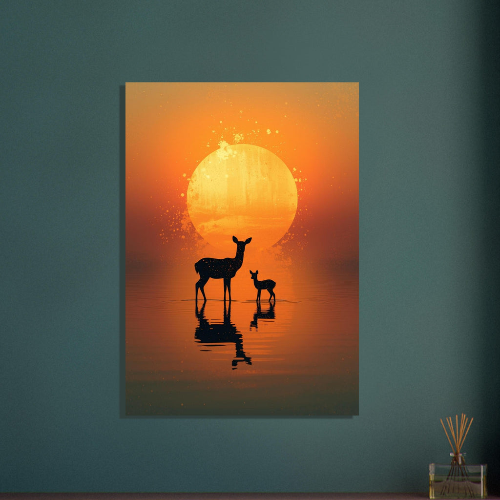 Deer and fawn silhouettes reflected in rippled water beneath a large yellow sun in an orange, textured sky.