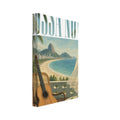 Bossa Nova lettering above a coastal balcony with a guitar, woven chair, limes on a table and a beach beyond.