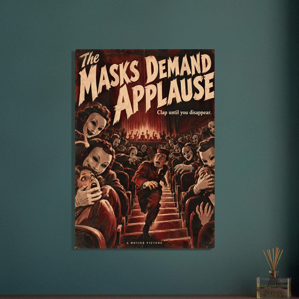 Masked spectators surround a fleeing red-uniformed figure in a theatre beneath ‘The Masks Demand Applause’ lettering.