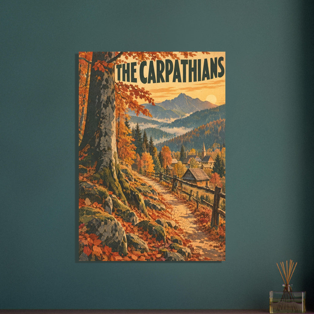 Carpathians travel poster with orange autumn trees, a winding path, wooden village houses and layered mountain peaks.