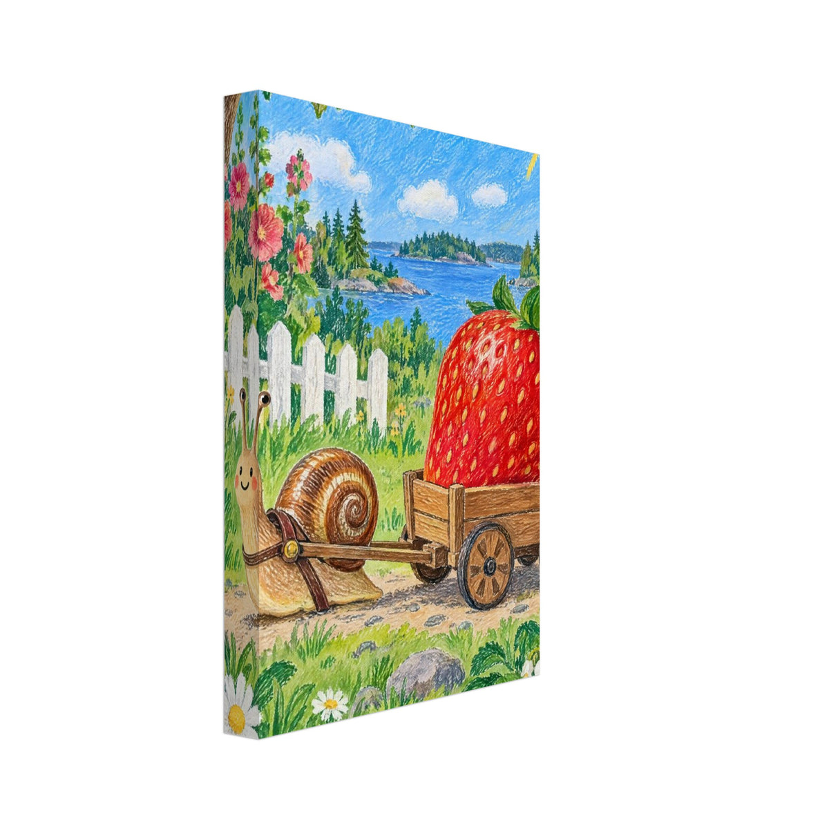Smiling snail pulling a wooden cart with a giant strawberry through a flower-filled garden beside blue water.