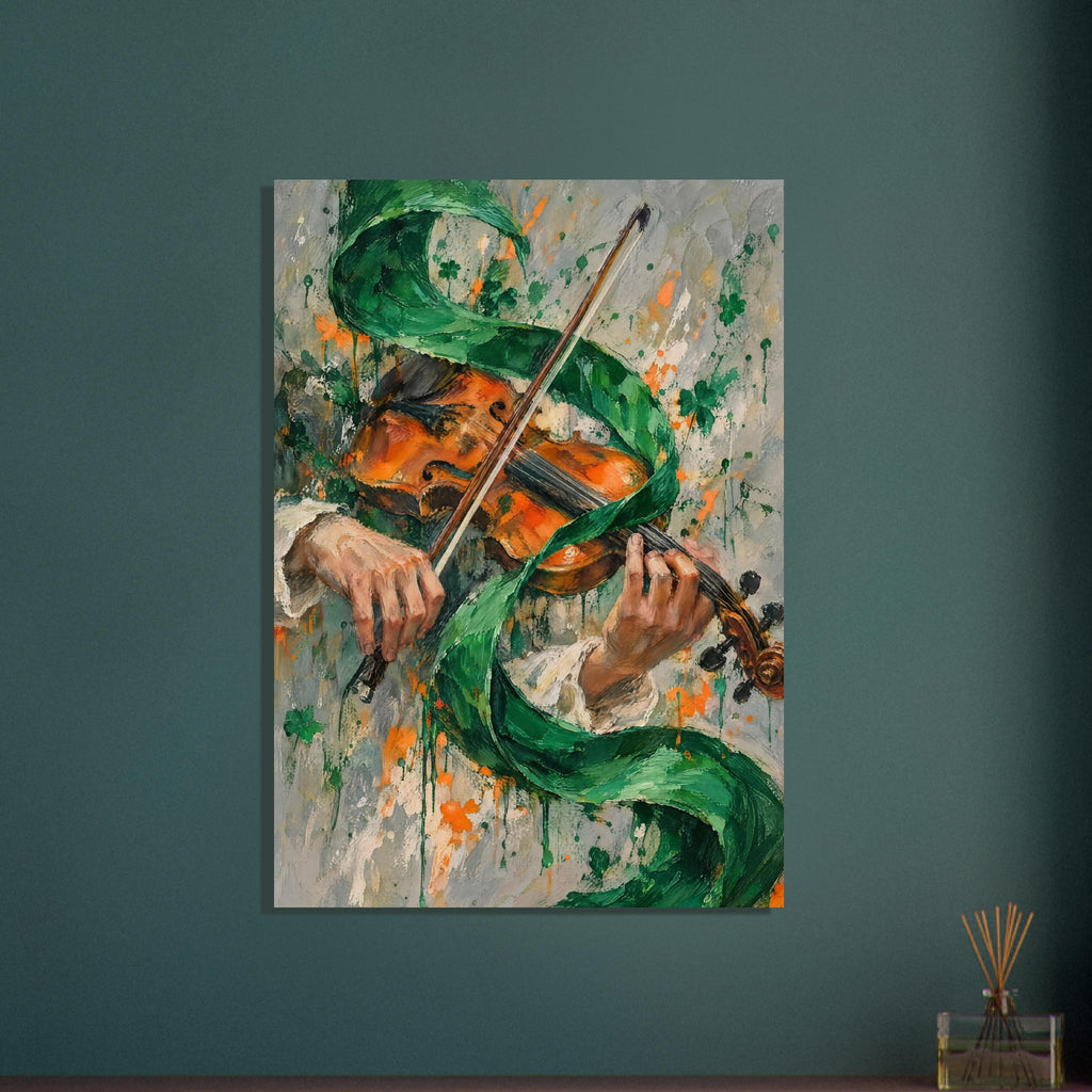 Violin played by two hands, with a diagonal bow and curling green ribbon against a grey, paint-splattered background.