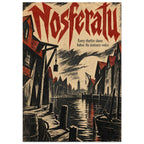 Nosferatu poster with jagged red lettering above a dark waterfront, steep-roofed buildings, a boat and a pale moon.