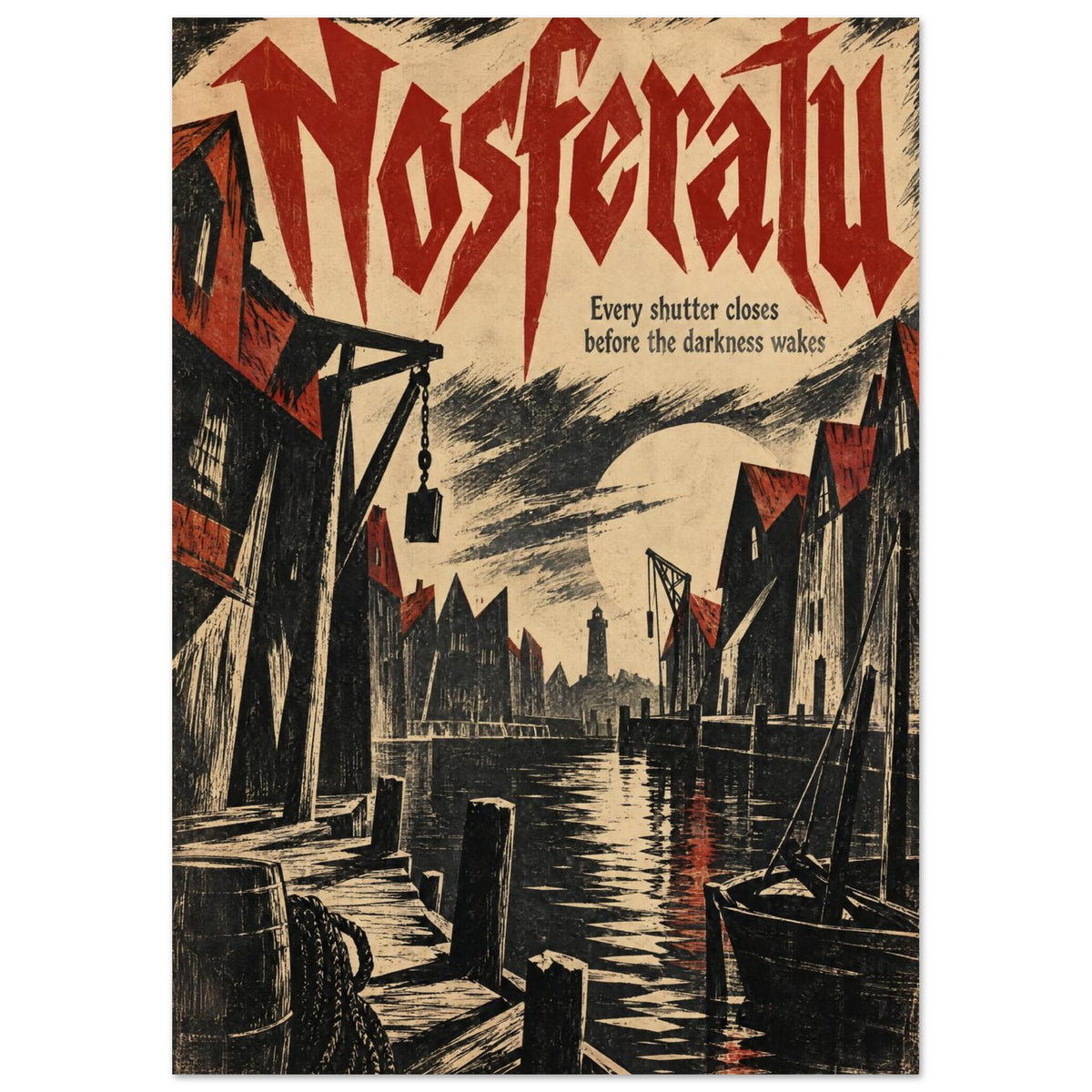 Nosferatu poster with jagged red lettering above a dark waterfront, steep-roofed buildings, a boat and a pale moon.