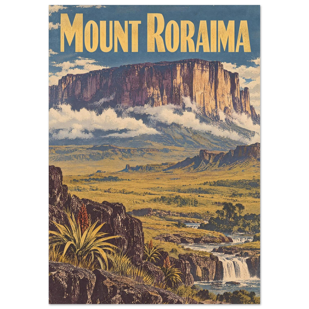 Mount Roraima vintage-style poster with golden lettering, cloud-wrapped cliffs, rocky grassland and foreground waterfalls.