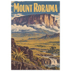 Mount Roraima vintage-style poster with golden lettering, cloud-wrapped cliffs, rocky grassland and foreground waterfalls.