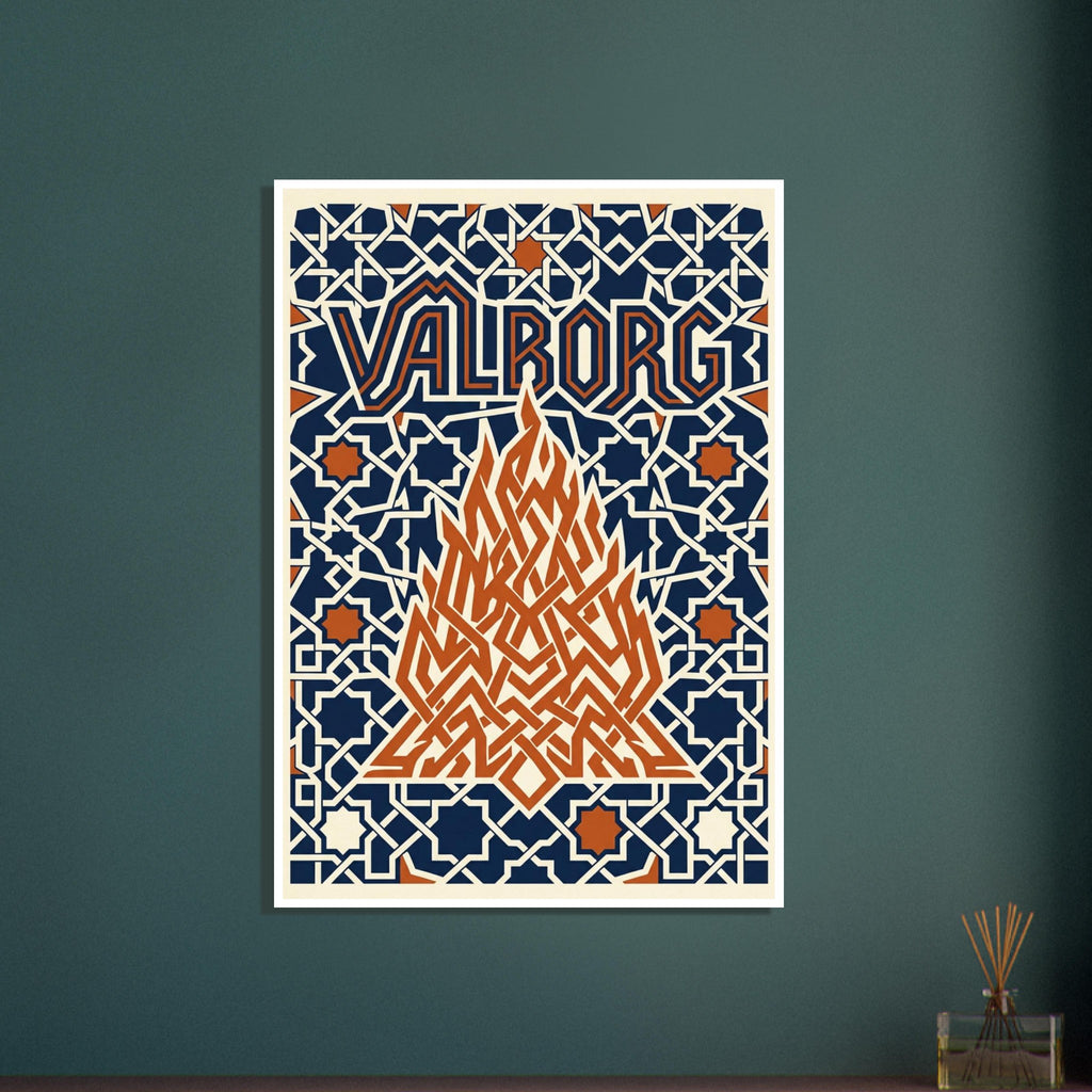 Angular orange bonfire beneath VALBORG lettering, surrounded by cream geometric lines and star shapes on navy.