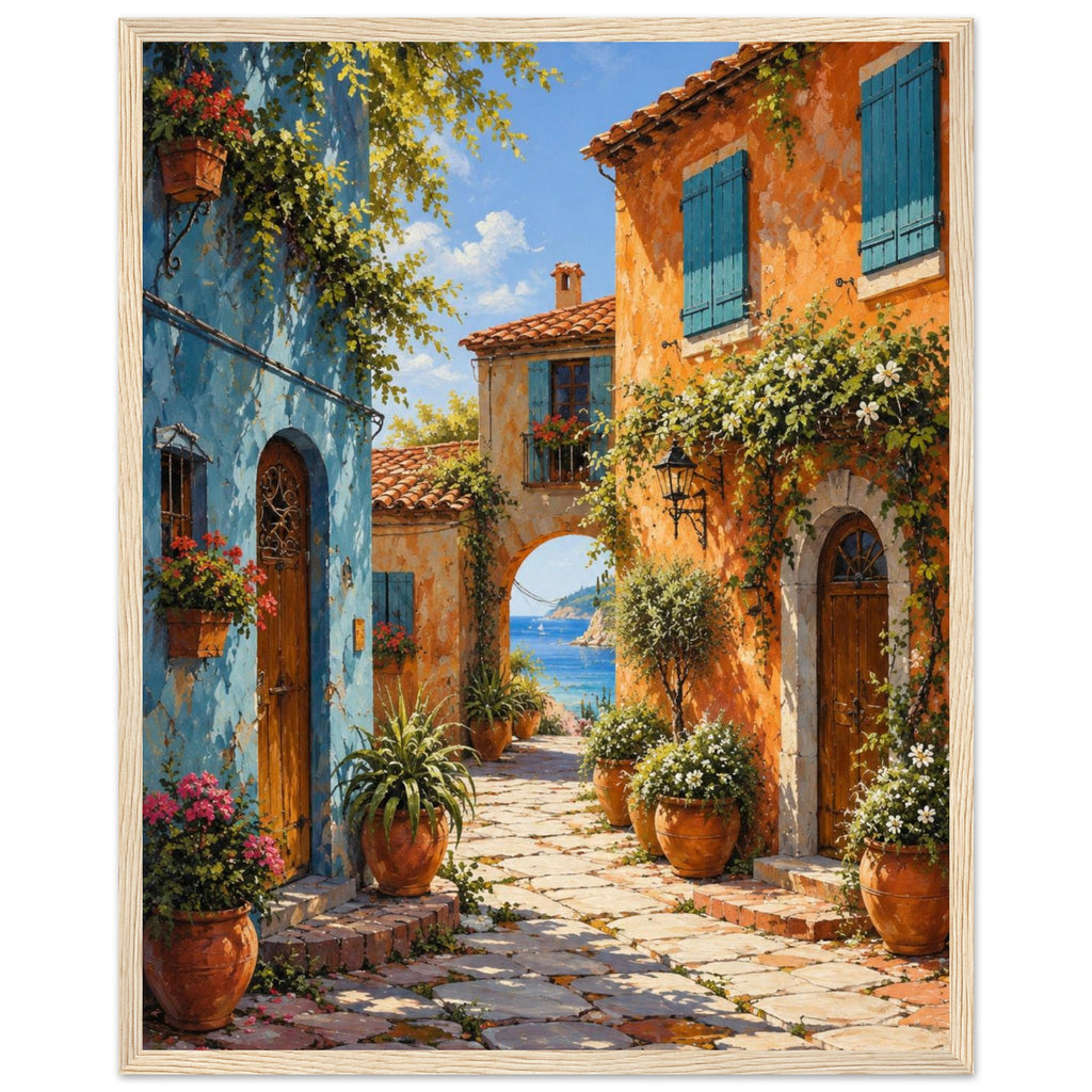 Coastal village lane with blue and orange buildings, potted flowers and a stone archway opening onto a sea view.