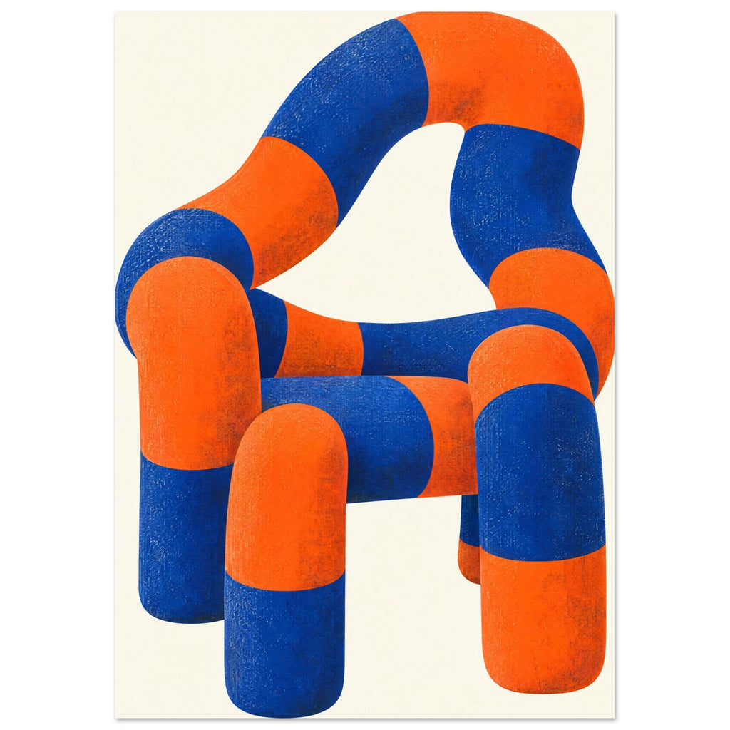 Sculptural chair made of rounded blue and orange sections with mottled texture against a cream background.
