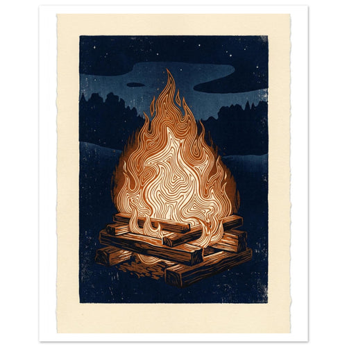 Bonfire with cream and orange patterned flames above stacked logs, against a navy night sky within a cream border.