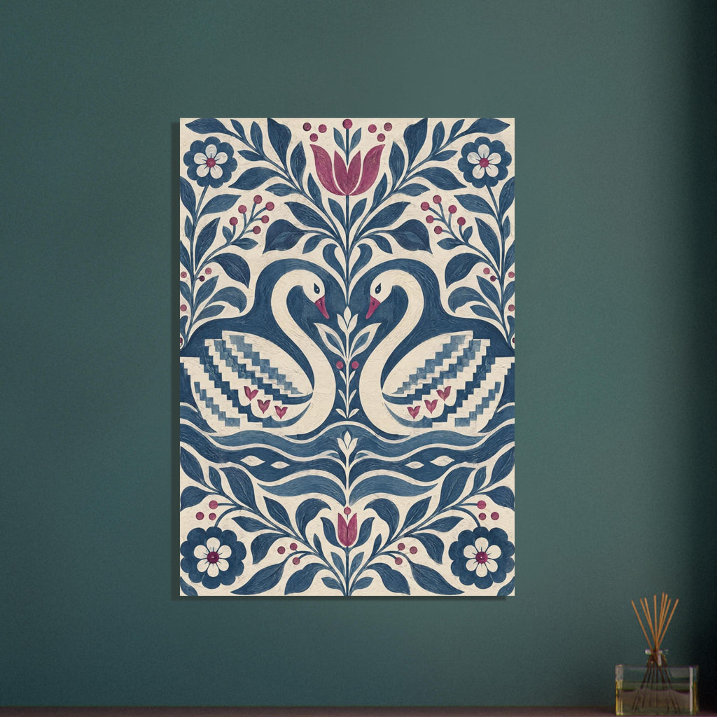 Two cream swans with blue patterned wings face each other among blue foliage and burgundy flowers on a cream background.