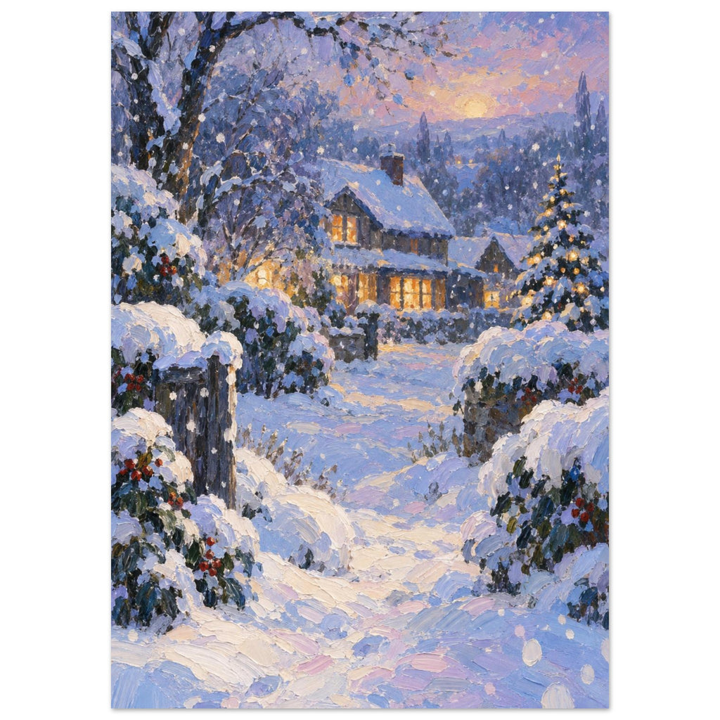 Snowfall Before Supper shows a timber house with amber windows beyond blue and lavender snowdrifts, rendered in broad, thick 