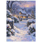 Snowfall Before Supper shows a timber house with amber windows beyond blue and lavender snowdrifts, rendered in broad, thick 