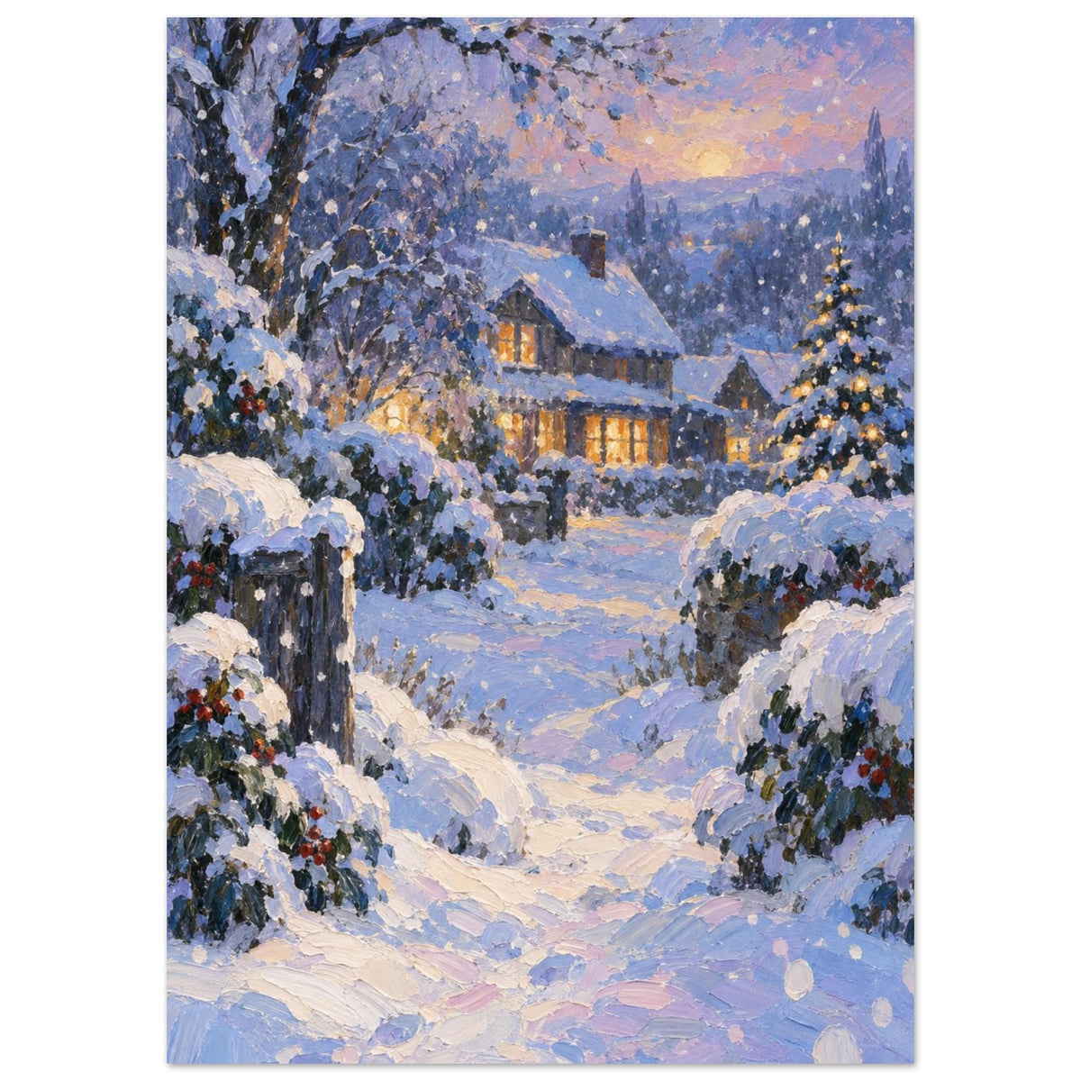 Snowfall Before Supper shows a timber house with amber windows beyond blue and lavender snowdrifts, rendered in broad, thick 