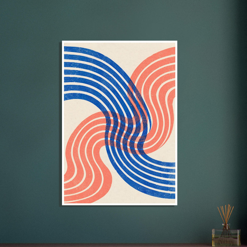 Blue and coral curved bands overlap across a cream background, with a distressed texture throughout.