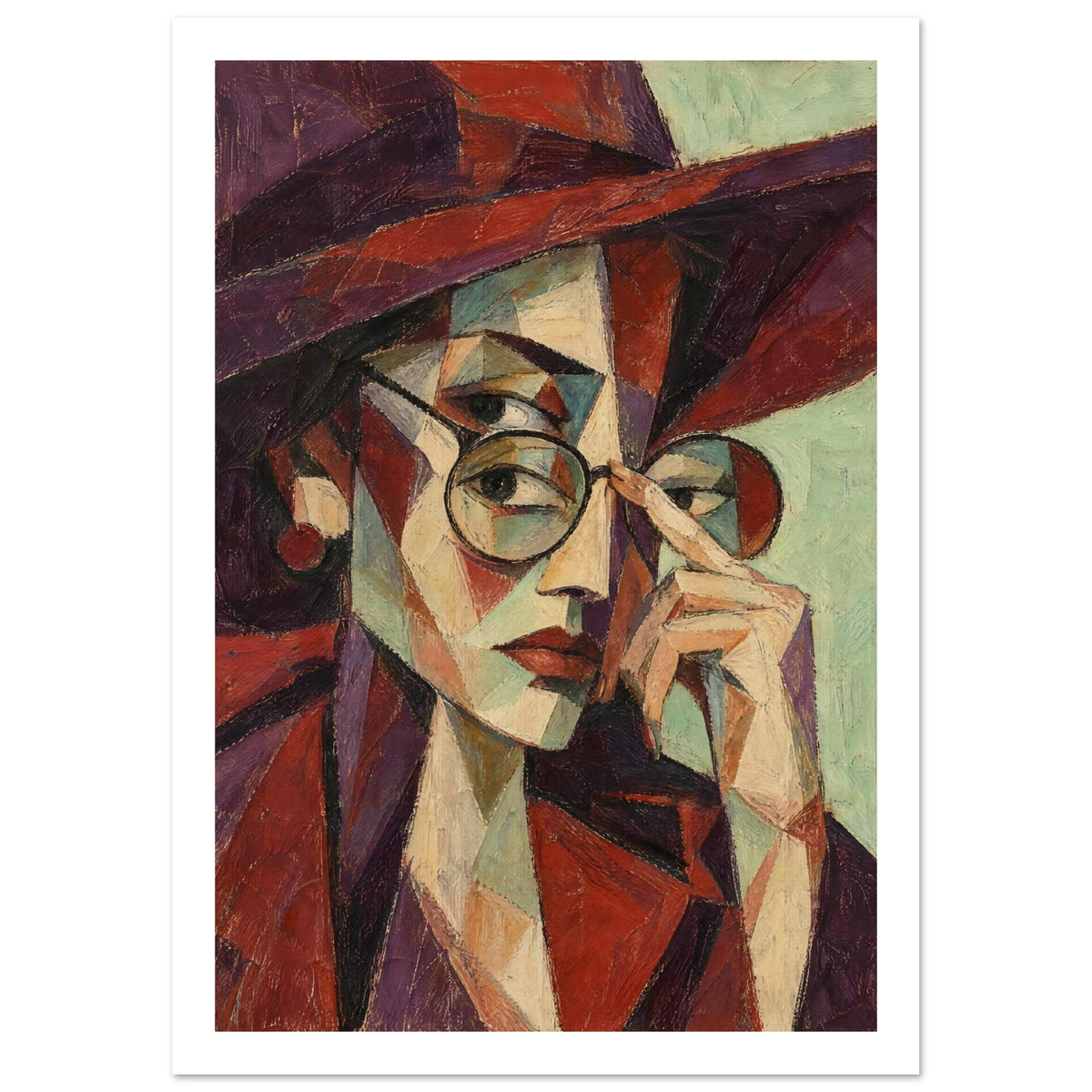 Round Glasses Cubist Portrait Art Print – White Border