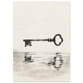 Dark old-fashioned key suspended above its rippling reflection, painted in grey washes on a textured cream background.