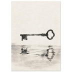 Dark old-fashioned key suspended above its rippling reflection, painted in grey washes on a textured cream background.
