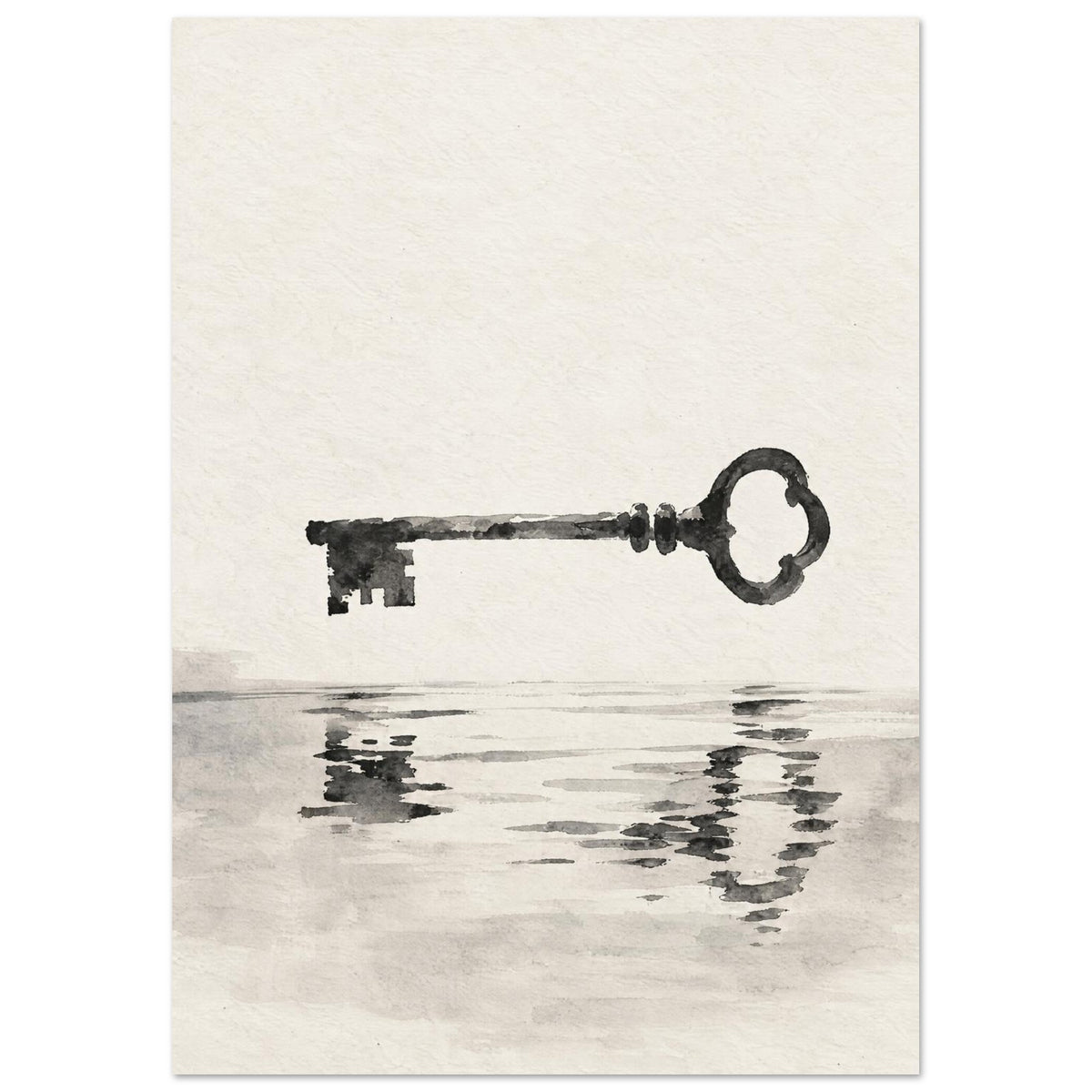 Dark old-fashioned key suspended above its rippling reflection, painted in grey washes on a textured cream background.