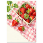 Strawberry Picnic shows a paper punnet of strawberries and two loose berries on pink gingham cloth, viewed from above.