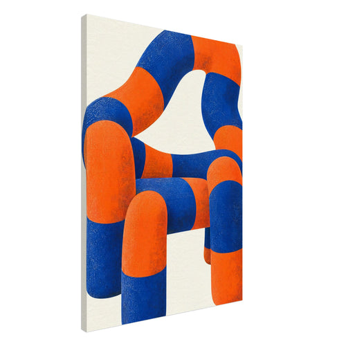 Sculptural chair made of rounded blue and orange sections with mottled texture against a cream background.