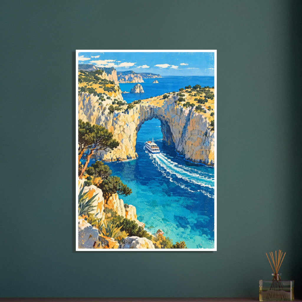 Sea arch in golden cliffs above turquoise water, with a white passenger boat, foamy wake and green coastal trees.